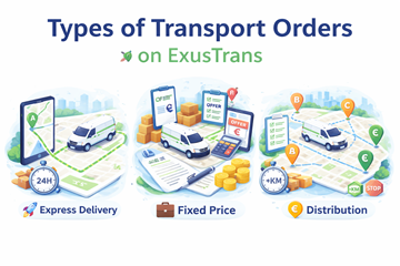 Übersicht über Express-, Festpreis- und Distributions-Transportaufträge auf ExusTrans mit Routenplanung und Preisillustration